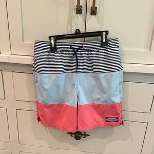 Vineyard Vines Kids Swim Trunks in Light Blue and Coral